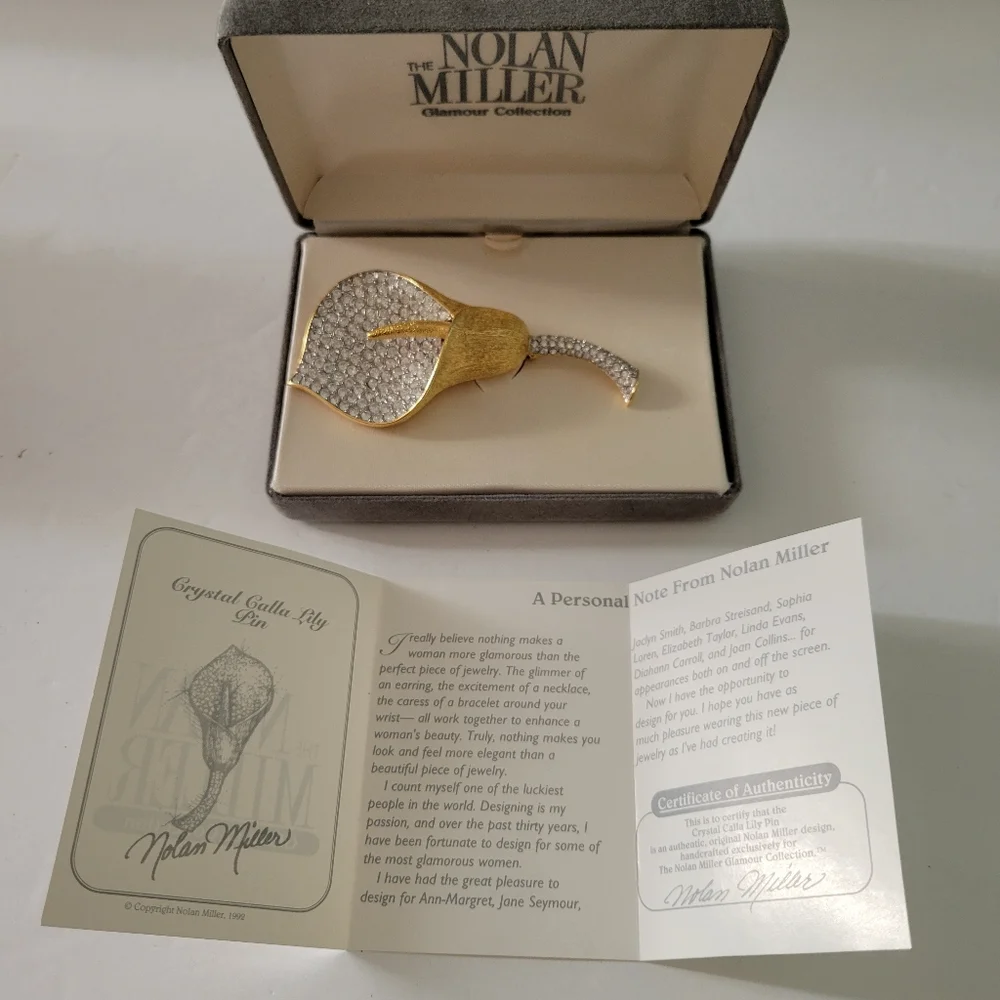 Nolan Miller Calla Lily Brooch In Box Crystals Goldtone